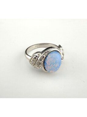 Vintage Silver Tone Faux Marcasite Blue Lab Opal Ring Size 7